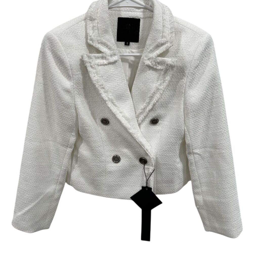 Mina Self Women's Tweed Blazer‎ Jacket White Gold Double-Breasted Size S